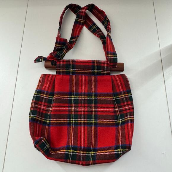 Vintage Smith's Bermuda Wood Handled Plaid Purse Red Tartan Fabric MCM - Picture 1 of 8